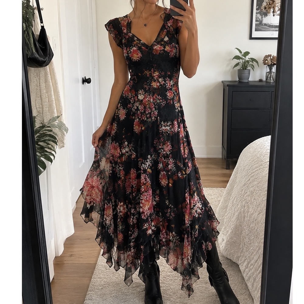 Komarov Silk Floral Maxi Dress Ruffle Handkerchief Hem L dark romantic whimsy